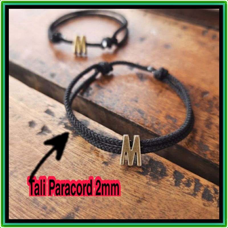 Gelang hitam  inisial huruf couple tali paracord 2 mm