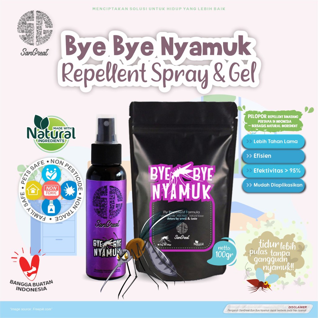 Anti nyamuk untuk bayi balita anak-anak  bentuk gel siap gantung non pestisida essential oil aman dari SanGreat Bye Bye Nyamuk gel 100 gr dan spray 100 ml