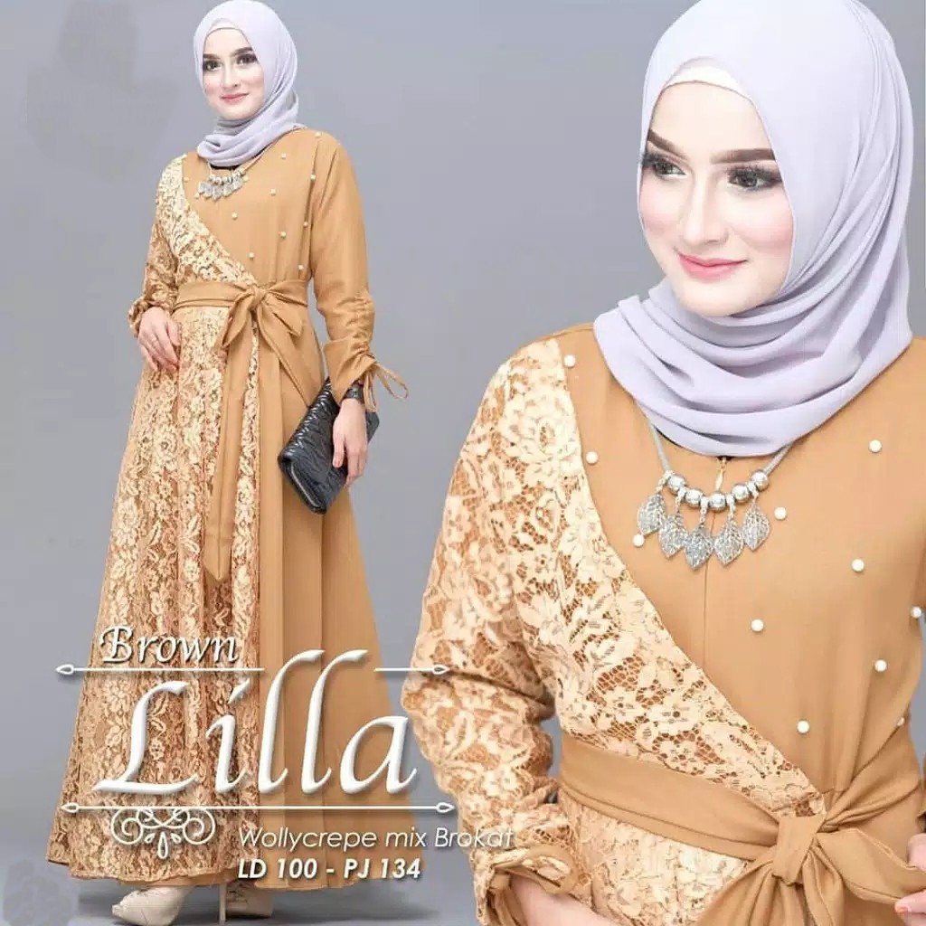 1 GARANSI TERMURAH - Lilla Maxi Dress / Alila Gamis Lila Lilia Brukat Mix Mutiara / Fashion Muslim Pesta Kondangan Terlaris-4