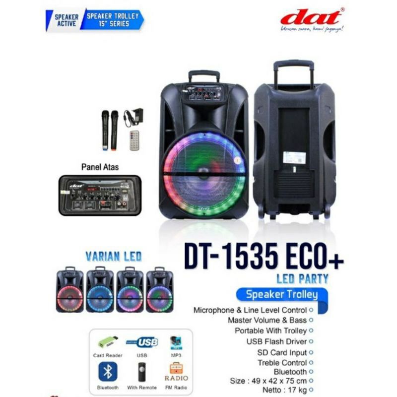 SPEAKER TROLLEY PORTABLE WIRELESS15 INCH ORIGINAL DAT DT 1535 ECO+ LED PARTY EXTRA POWER BASS GRATIS