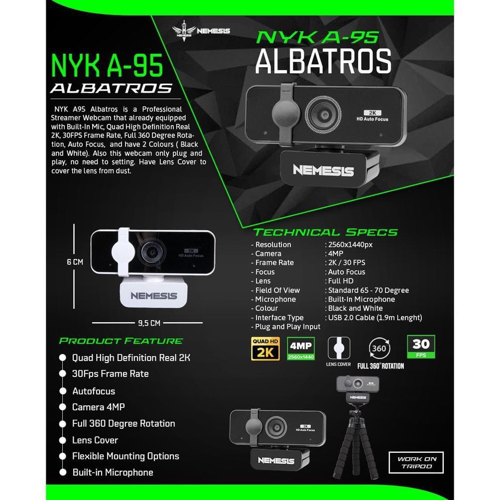 Webcam Nyk A95 Albatros QHD with 2k Resolution - Hitam