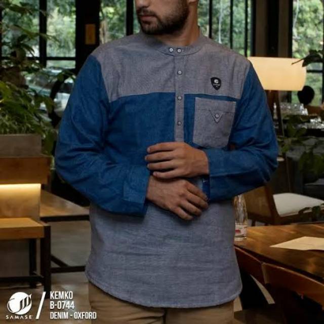 murah kemeja koko kemko samase lengan panjang saku warna denim size L b0744