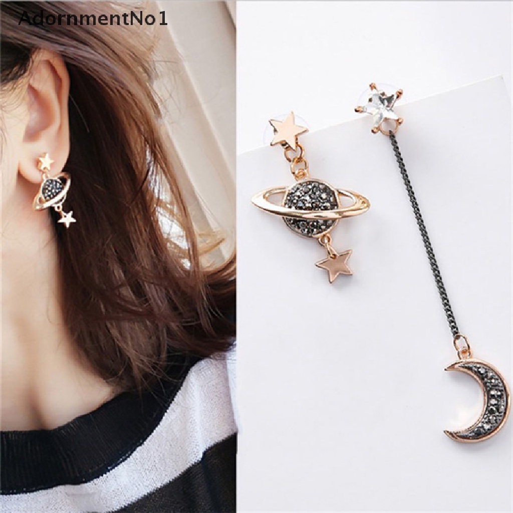 (AdornmentNo1) Anting Tusuk Gantung Asimetris Desain Bulan / Bintang / Planet Hias Kristal Untuk Wanita