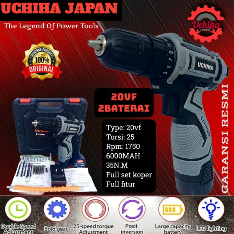 Mesin bor baterai uchiha type 20vf 10mm besi tembok Beton kayu impact drill cordless tanpa kabel cas