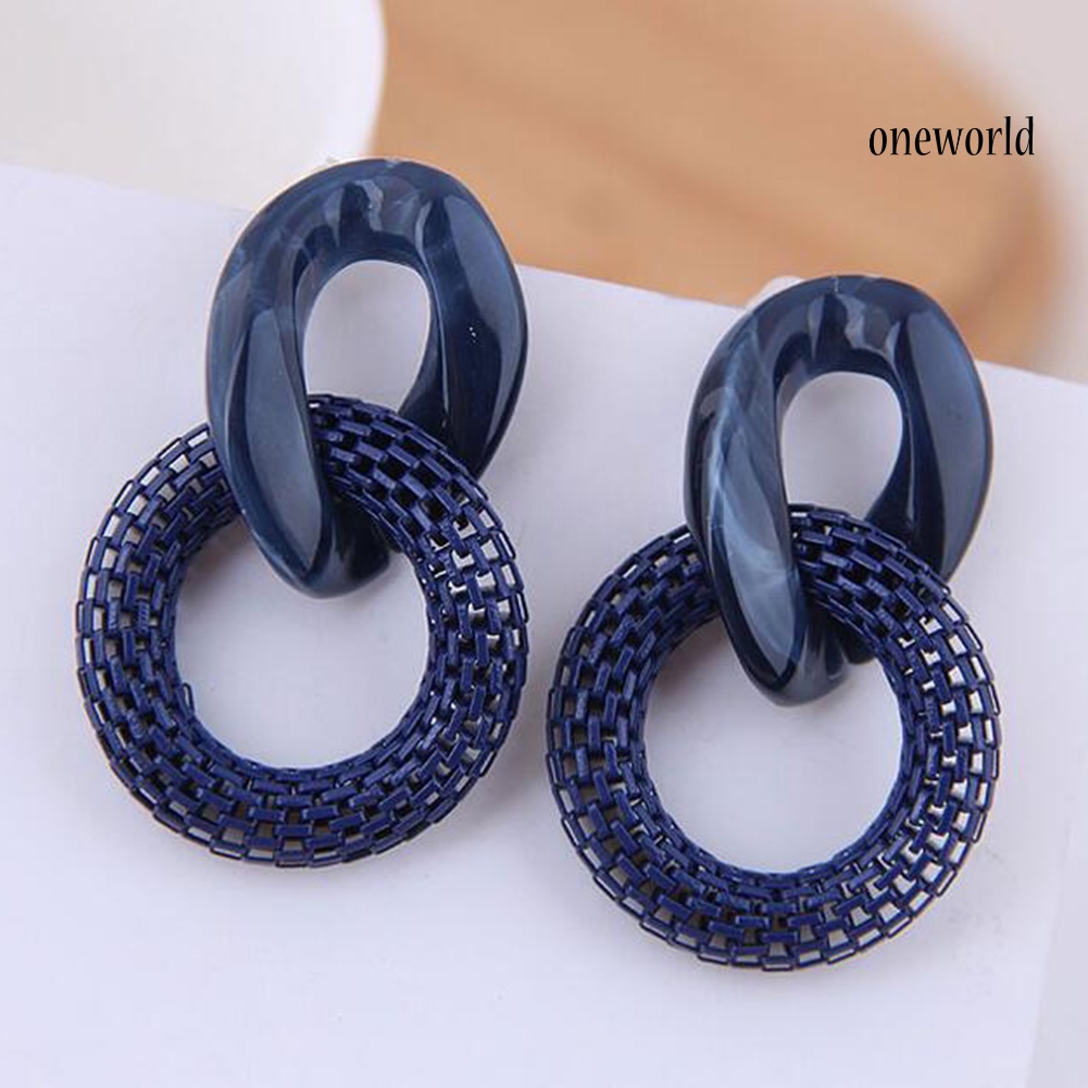 OW@ Women Fashion Acrylic Mesh Linked Circle Pendant Stud Earrings Party Jewelry