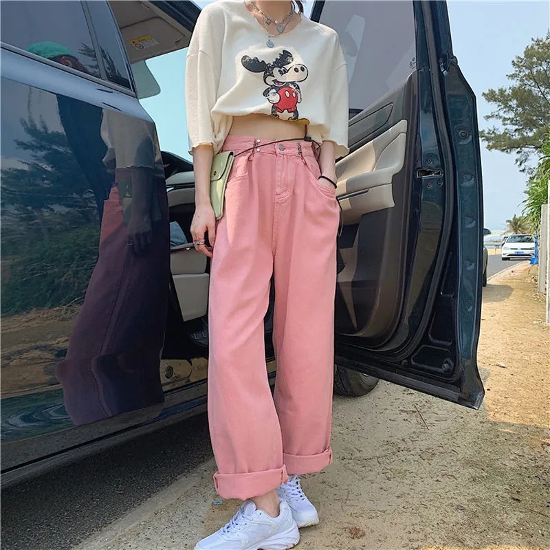 korean new Merah Jambu pengait celana longgar jeans panjang wanita