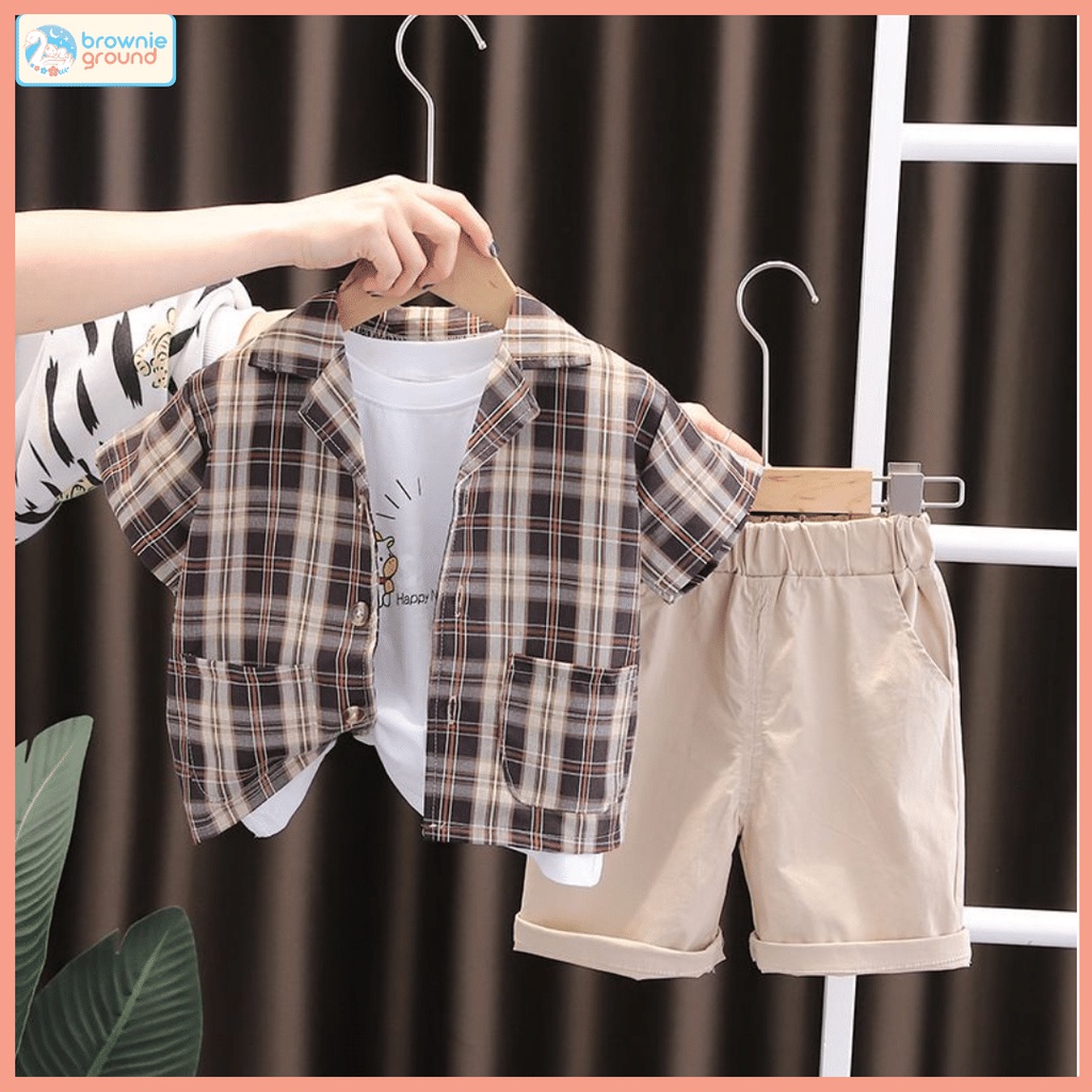 BROWNIEGROUND- Setelan kemeja anak laki laki impor premium baju baby 0-5 Tahun Motif Kotak Brown baju baby impor premium