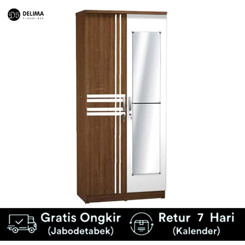 Lemari Pakaian Minimalis 2 Pintu, kaca - American Walnut & White