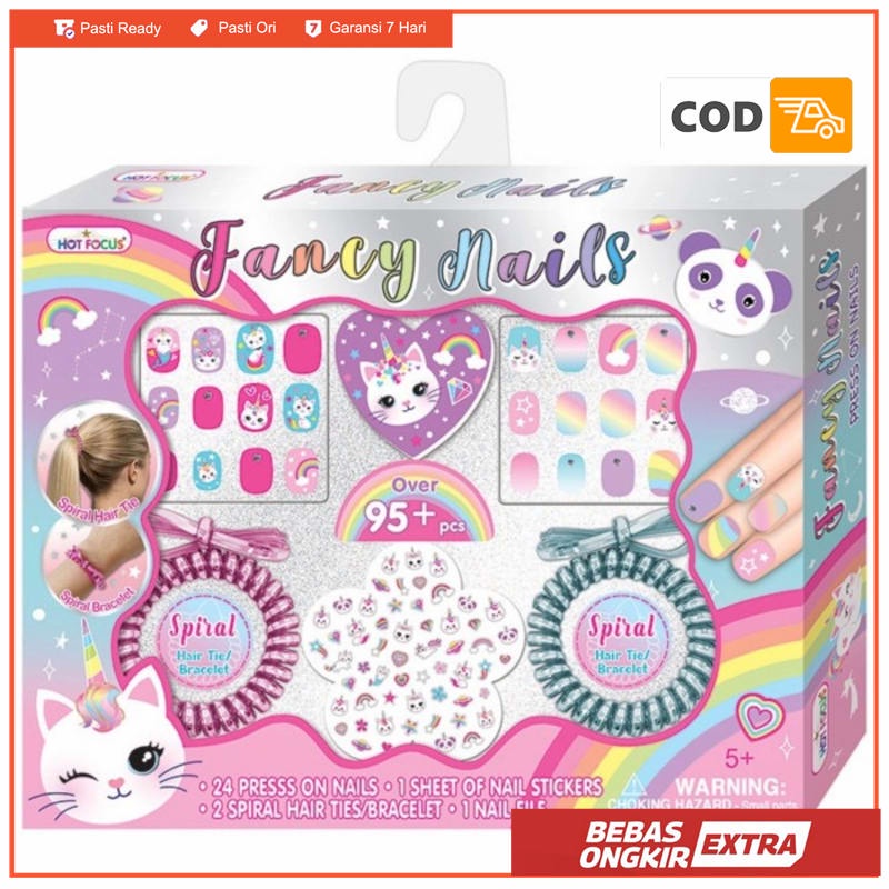 Kuku Palsu Anak Unicorn Fancy Nails Ikat Rambut plus Sticker Kuku - Caticorn