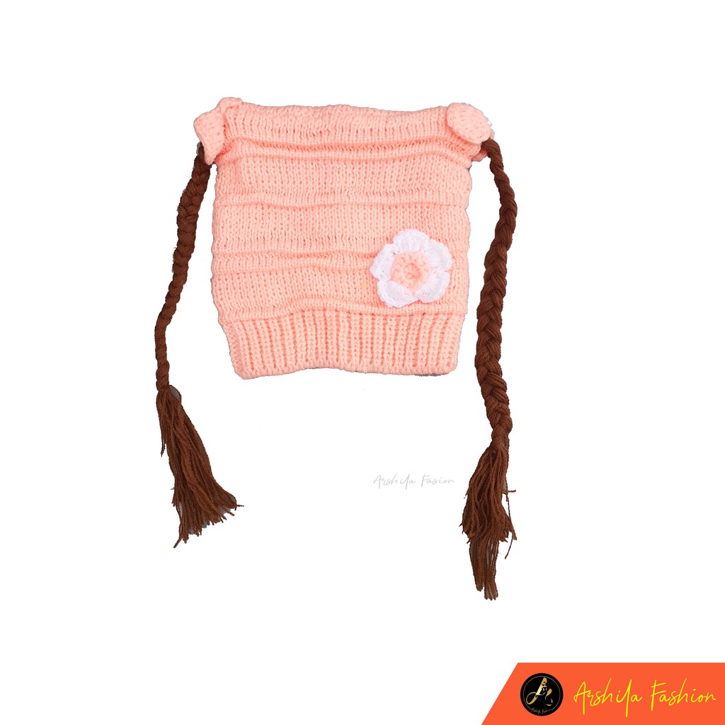 Topi Kupluk Rambut Kepang Motif Bunga / Baby Hat Wig / Topi Bayi Rambut-Salem