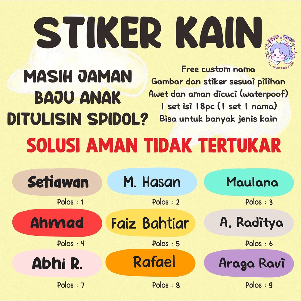 Stiker nama kain baju custom label sablon setrika laki laki pria perempuan gadis wanita anak muslim sd sekolah pondok  tk fullday scholl