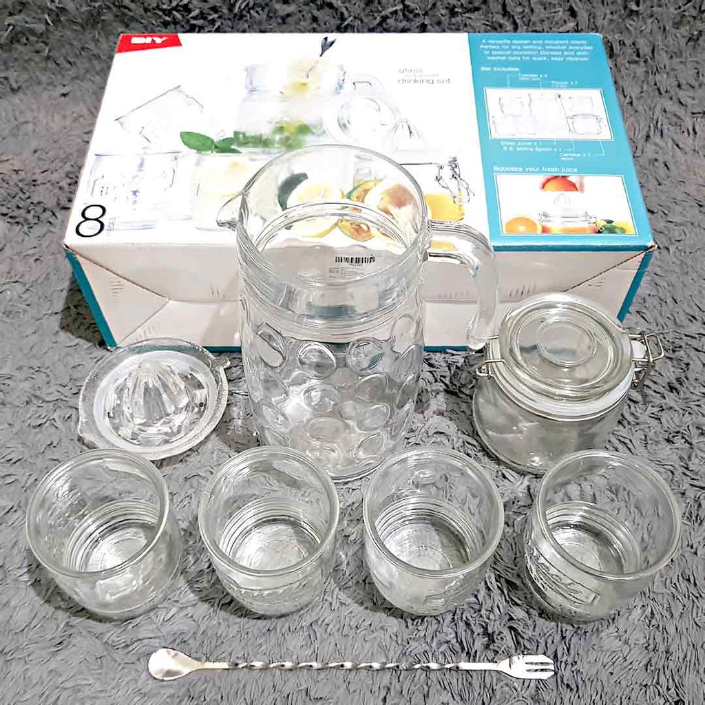 Drinkware Glass Set Mr. DIY Pitcher Juicer Canister Mixing Spoon 8 Pcs