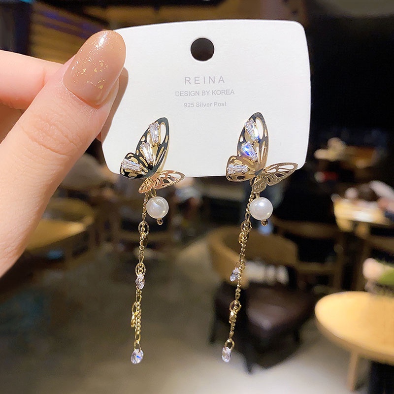 Shuling 925 Silver Needle High-quality Zircon Butterfly Earrings Female Long Tassel Pearl Earrings Super Sweet Ear Jewelry