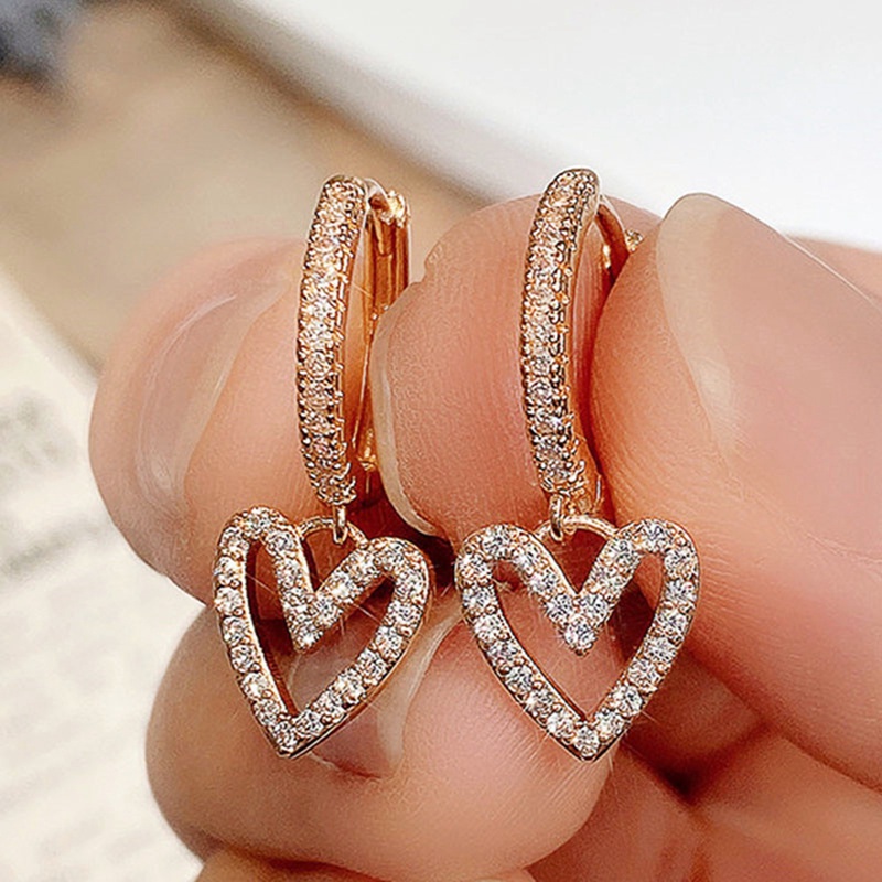 Anting Juntai Bentuk Hati Aksen Batu Mosaik Gaya Korea Untuk Wanita