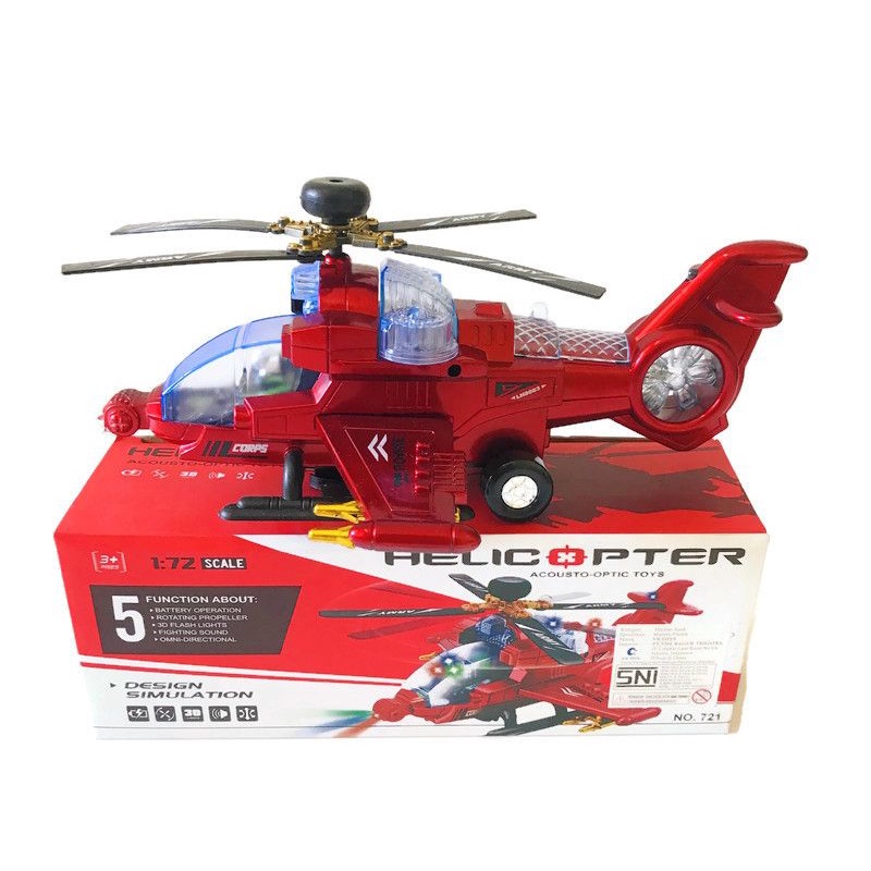 Mainan anak Helikopter army merah nyala lampu music bisa jalan bump and go