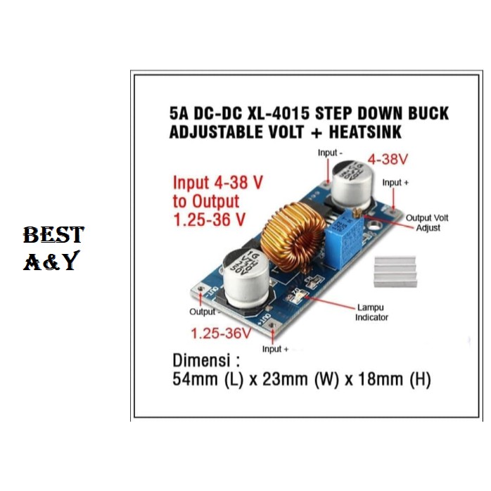 Step Down 5A XL4015 75W DC-DC Buck Converter Adjustable CV incl Heatsink