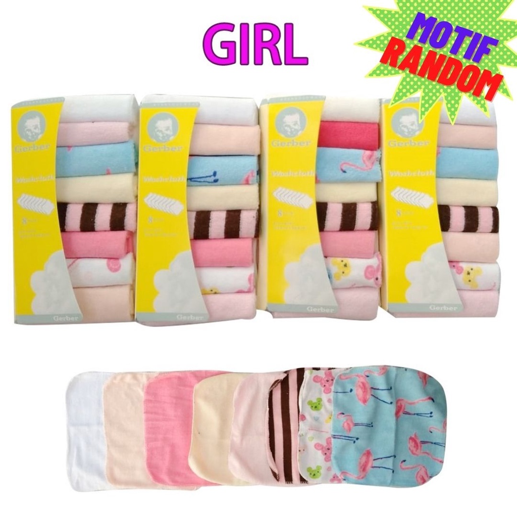 MOTIF RANDOM GERBER Washcloth Isi 8 - Waslap Towels Saputangan Warna Warni Motif Boy Girl