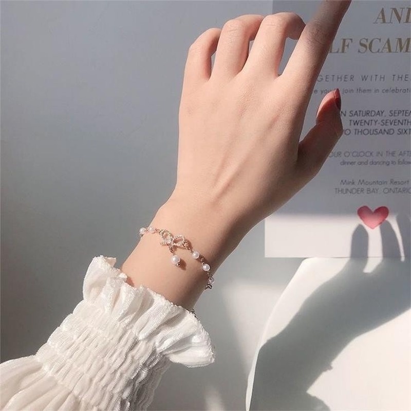 Bowknot shape sweet and simple style wild forest girlfriends pearl niche design bracelet