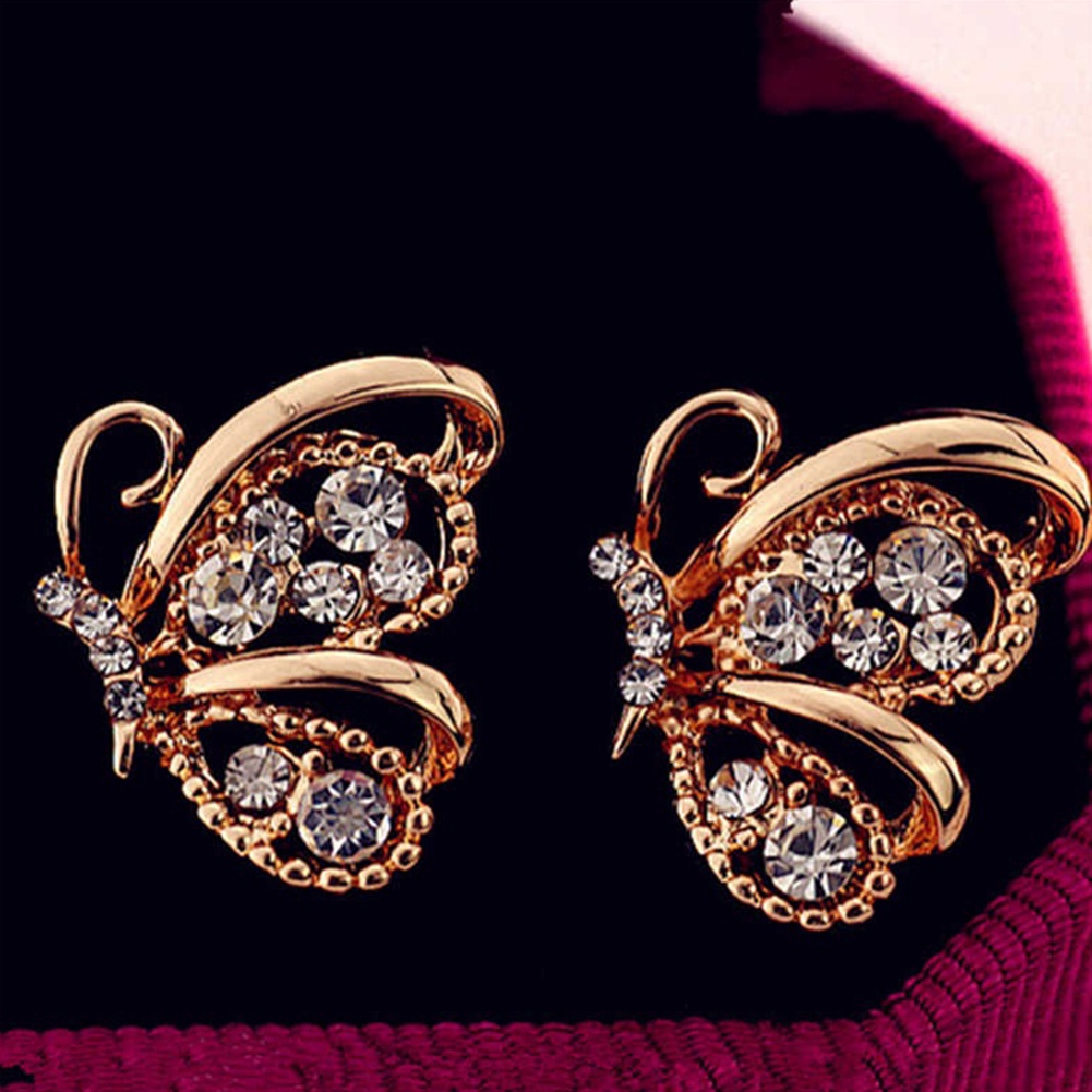 Hu Hu Hu Hu Hu Alat Bantu Pasang Kacamata♡ Anting Stud Bentuk Kupu-Kupu Aksen Berlian Imitasi Untuk Wanita