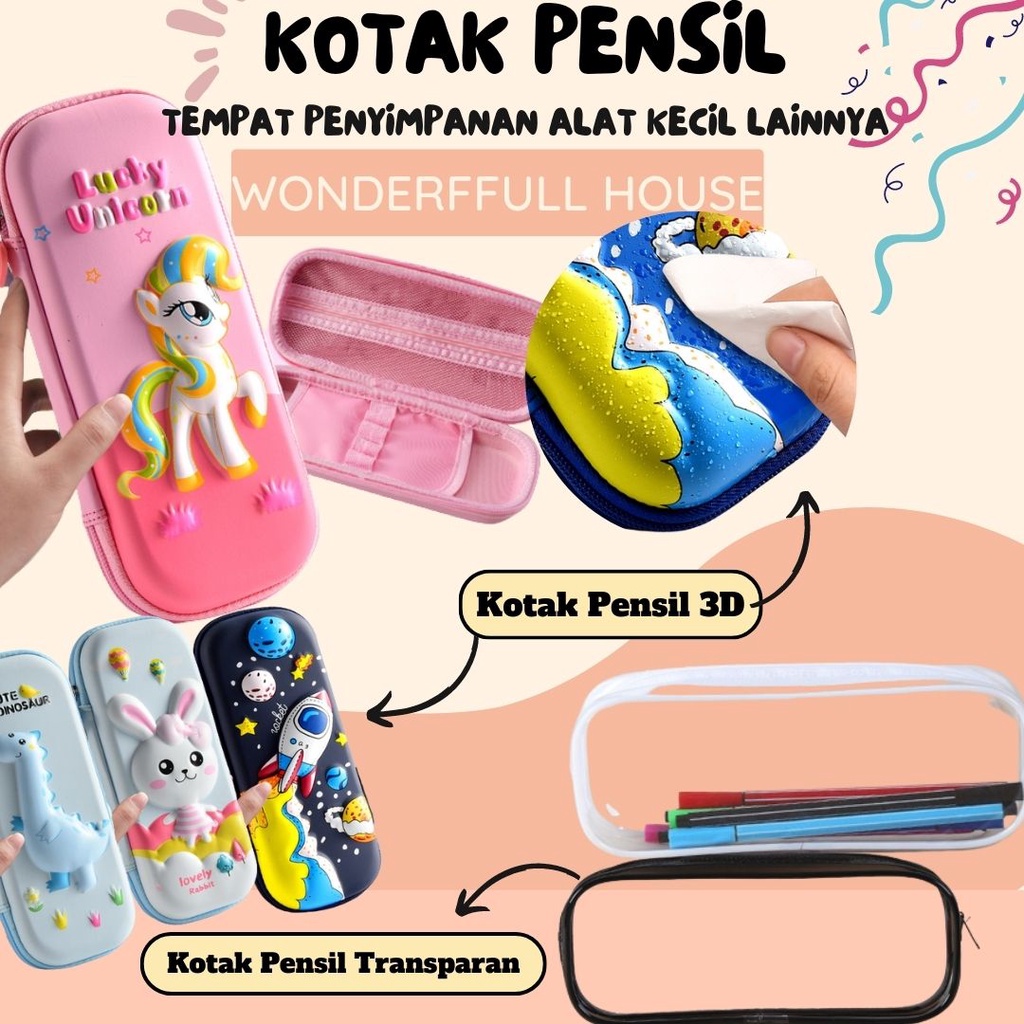 Kotak Pensil Transparan Tempat Pensil 3D Anti Air Penyimpanan Pensil Pulpen Penghapus Karakter 3D Kotak Pensil Lucu Korea Pouch Dompet PVC Import Premium Motif Timbul