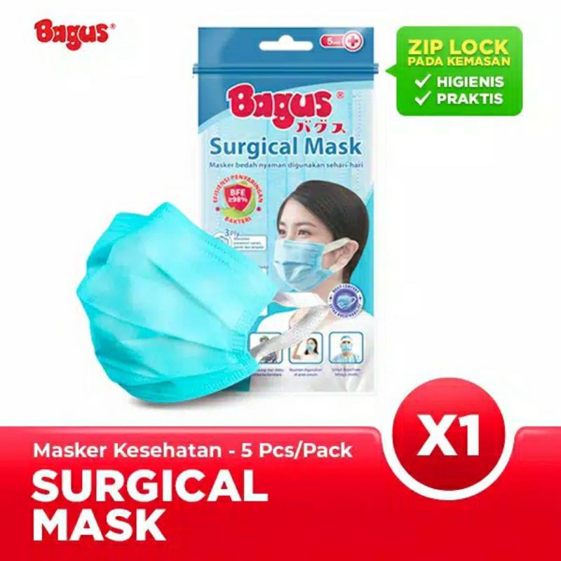 Jual Bagus Surgical Mask - Masker Medis 3 Ply Earloop Isi 5 Pcs ...