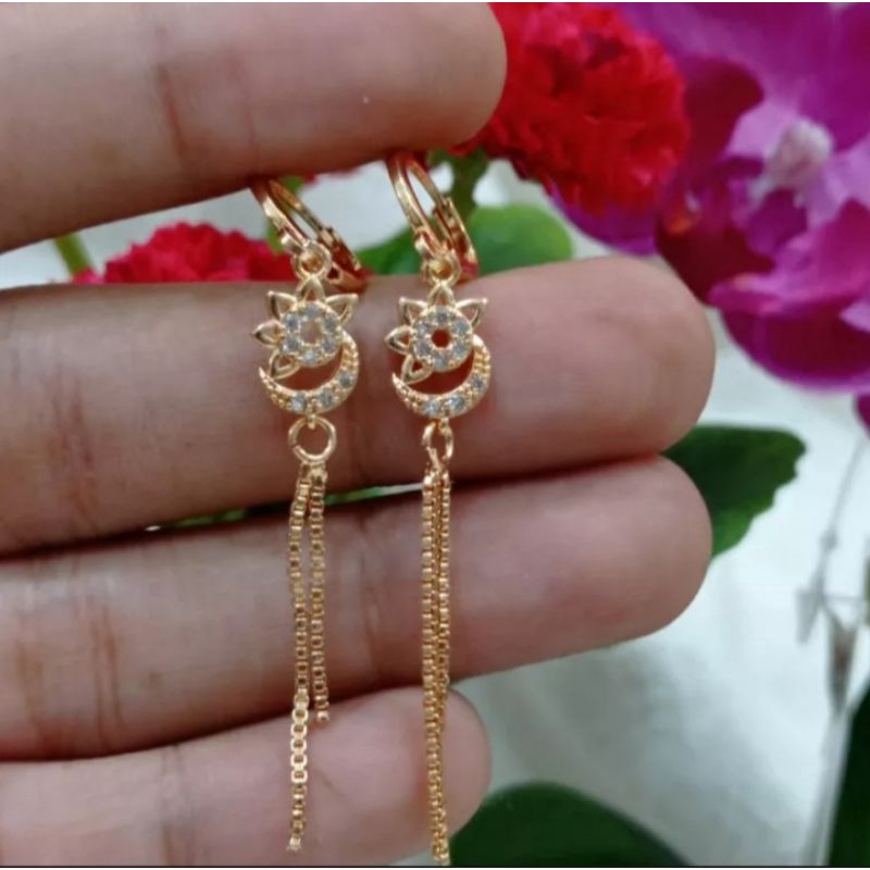 Anting rumbai motif bulan bintang gold titanium asli