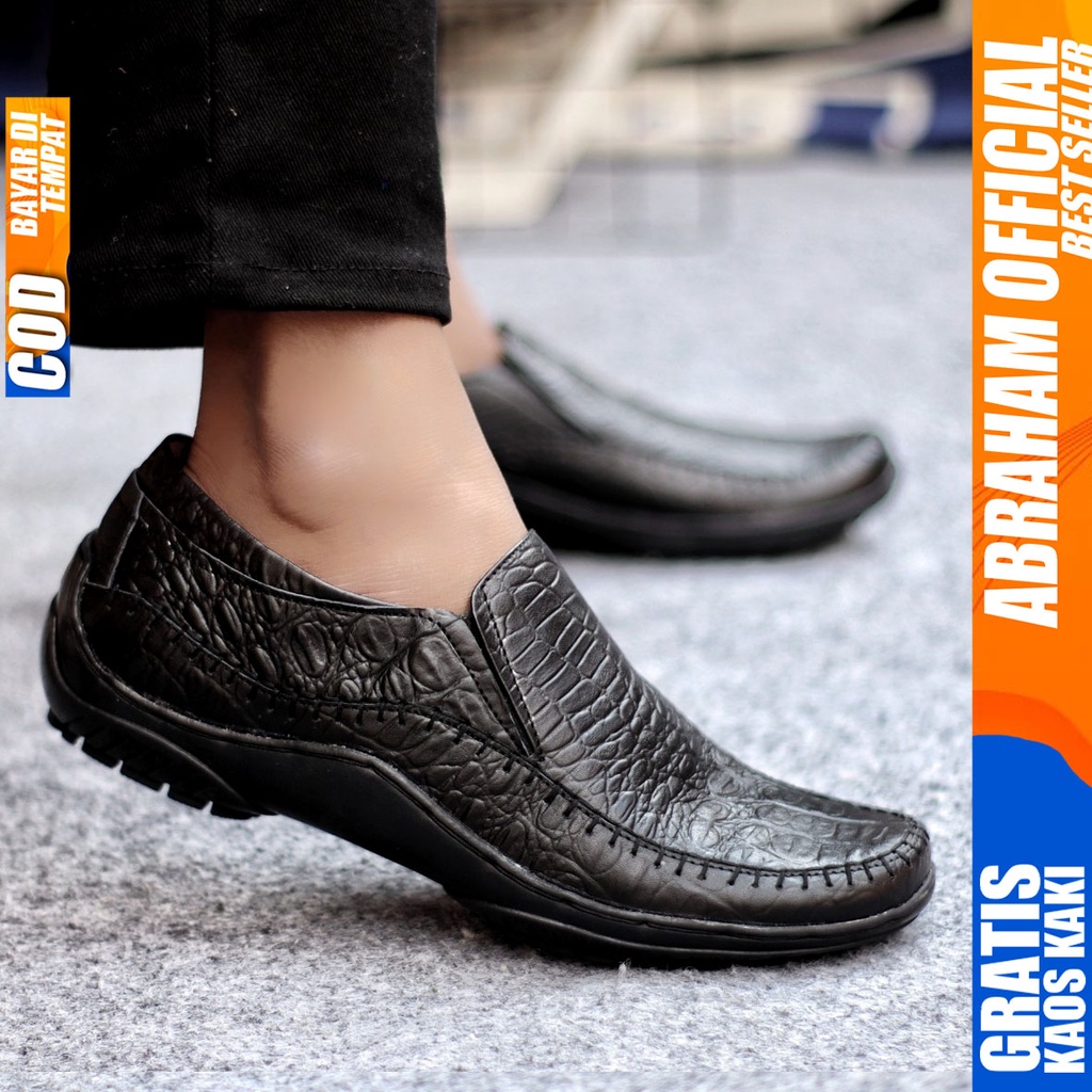 Sepatu Casual Pria Formal Slip On Pantofel Kulit Asli Kerja Kantor Kondangan Kuliah Hitam Fashion Shoes Terbaru Murah Kekinian Original CROCO ABRAHAM