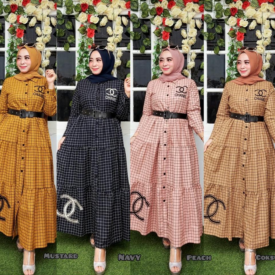 QF Gamis bordir motif kotak  Belt / gamis sabuk / gamis full kancing / gamis sabuk terbaru O6F0