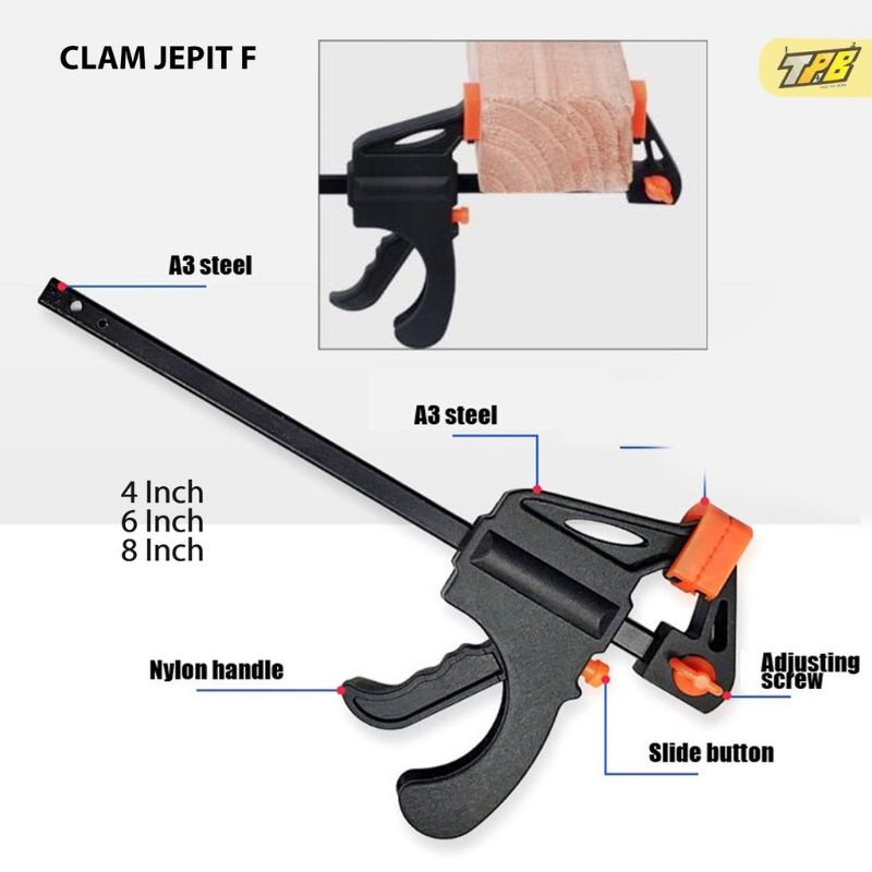 8 inch F Clamp Penjepit Kayu 4 6 inch klem alat jepit besi baja catok handle kayu DIY press 12 inch clamp kayu