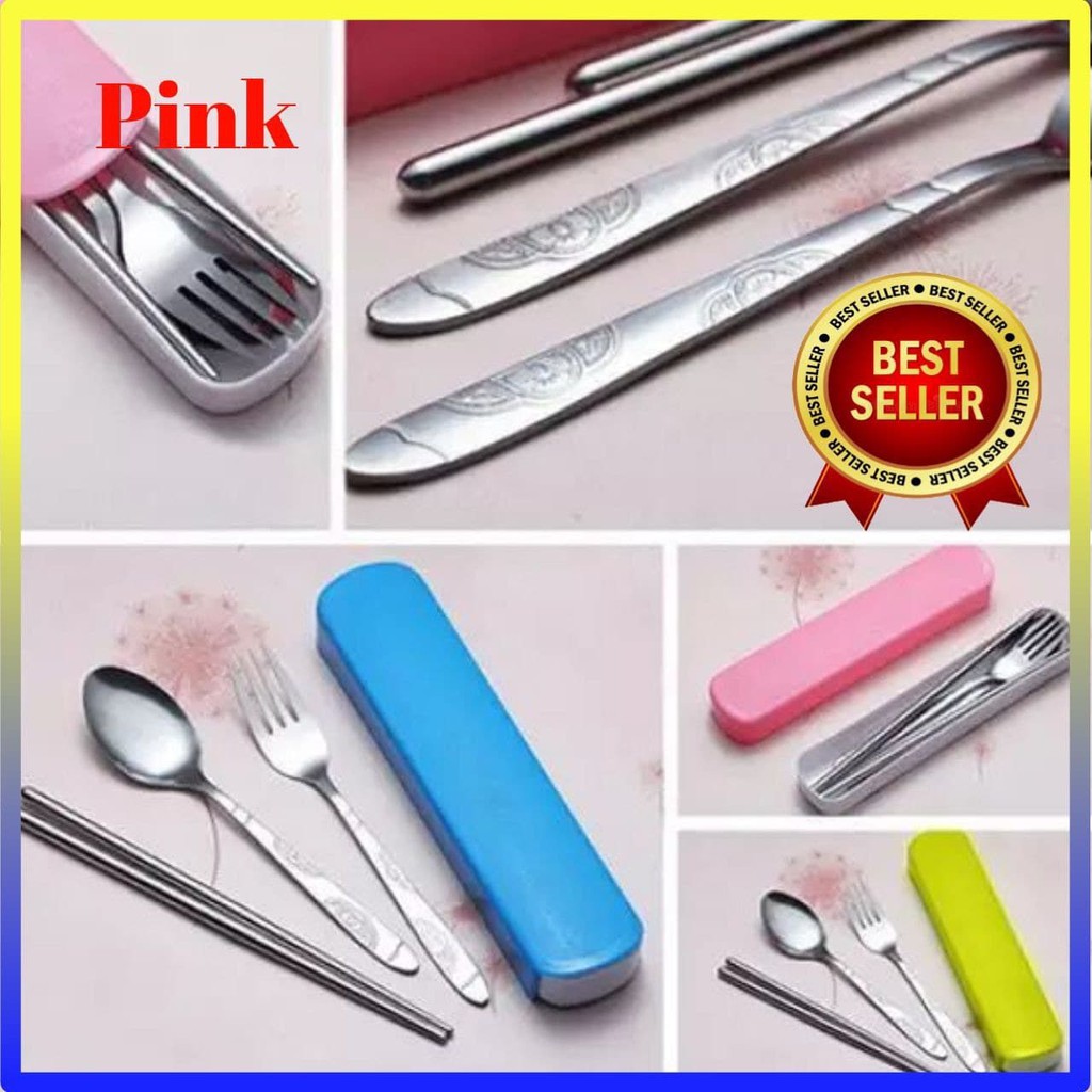 [ORI] Set Alat Makan Stainless Steel Box Travel Praktis |  Sendok Garpu Sumpit 100264 - Merah Muda