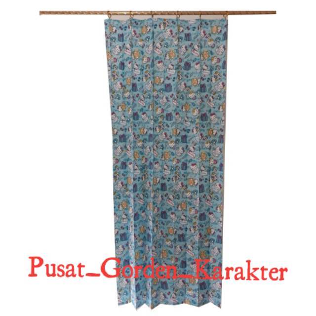 Gorden hordeng pintu kamar/jendela minimalis Hello Kitty Small Biru ukuran 100 x 190 cm