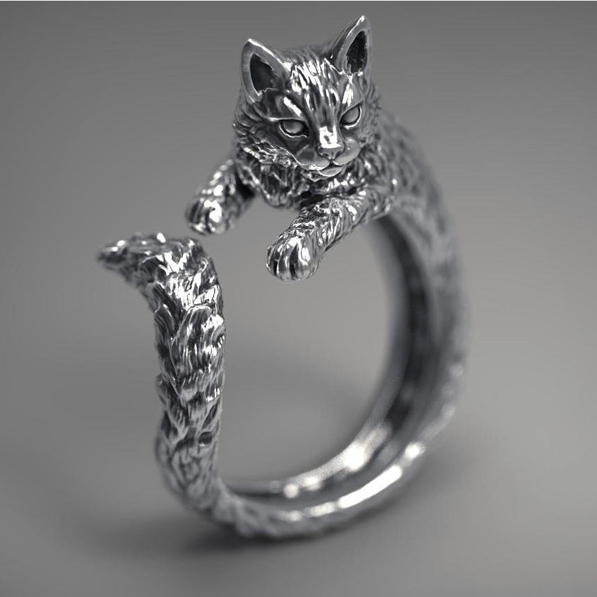 Cincin Desain Kucing Hitam Bahan Stainless Steel s925 Gaya retro Untuk Wanita