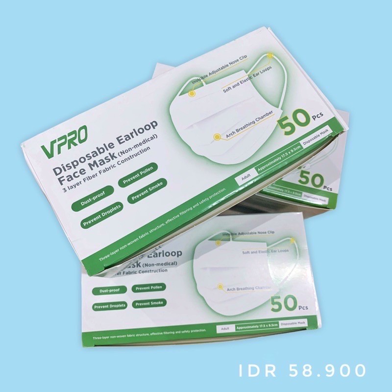 MASKER VPRO FACE MASK DISPOSABLE EARLOOP 3ply 50pcs