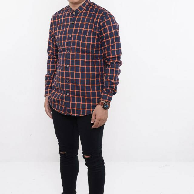 YB KEMEJA FLANEL PRIA MOTIF KOTAK LENGAN PANJANG SLIM FIT LONG SLEEVE BLACK LIST ORANGE 6205