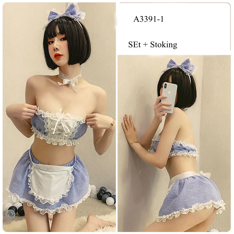 Set Lingerie Sexy  Nakal Pembantu Cosplay Seragam Rok Mini kotak-kotak dan Thong Stoking 3A391-2