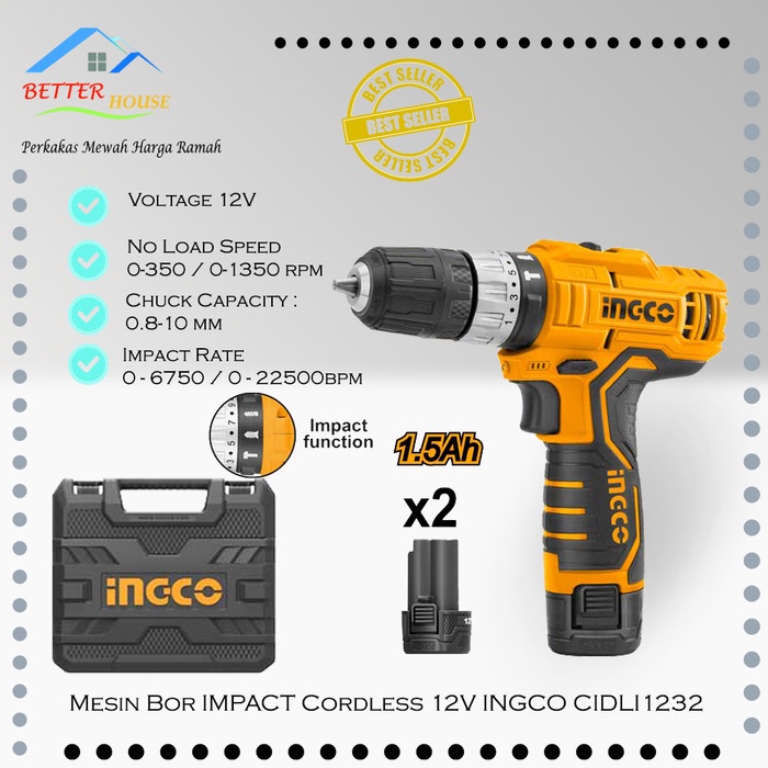 Mesin Bor Impact Cordless 12V INGCO CIDLI1232 YOG