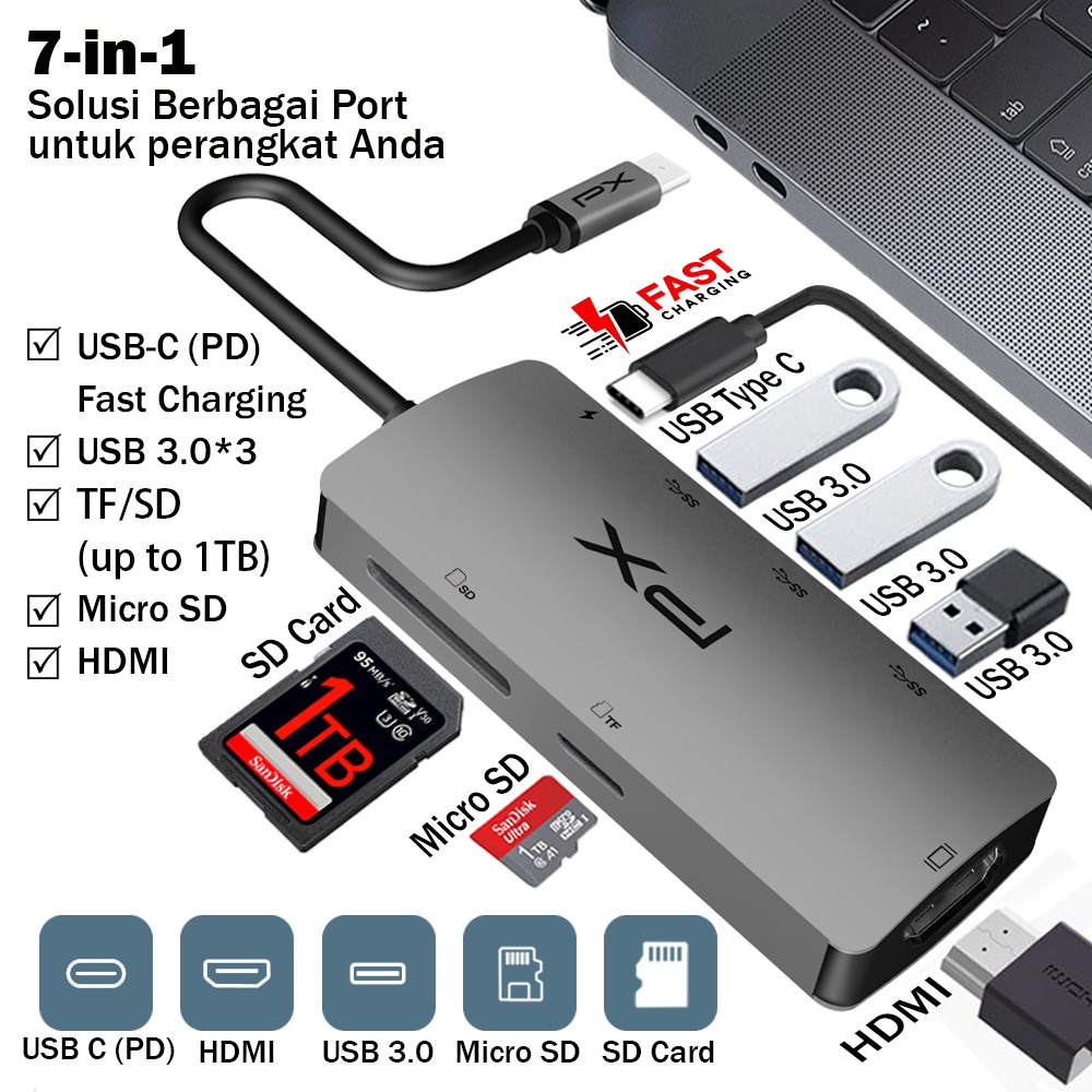 USB Hub Type C Converter Laptop HDMI SD Card 7in1 PX UCH17