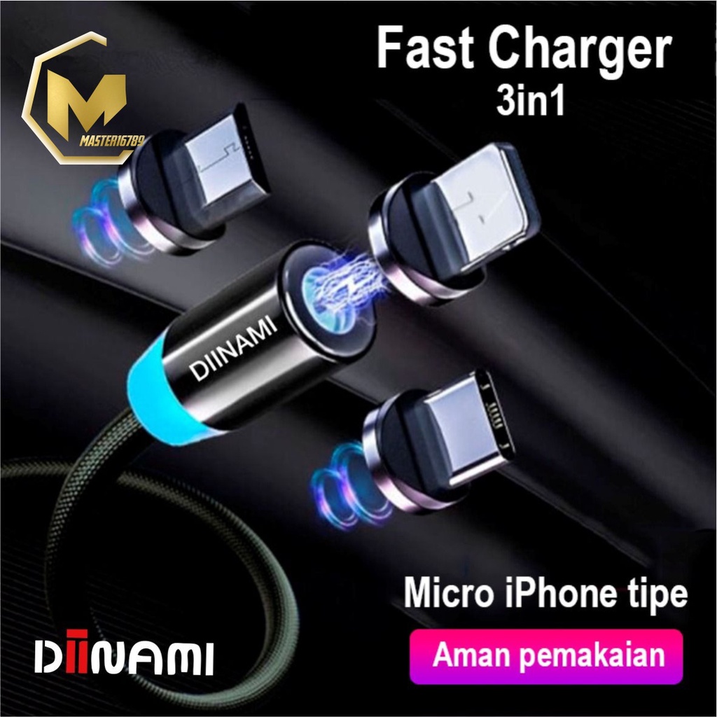 BM017 Kabel cable DIINAMI charger Cashan casan magnet magnetic 3in1 Micro iPhone tipe c fast charging 2.4A MA2118