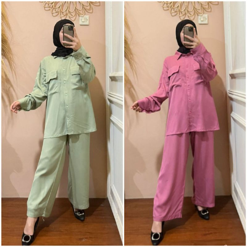 BISA COD AZKIYAHIJAB29 PAJAMAS KEMEJA KATUN RAYON TWILL POLOS SETELAN POLOS SETCEL CELANA KULOT ONE 