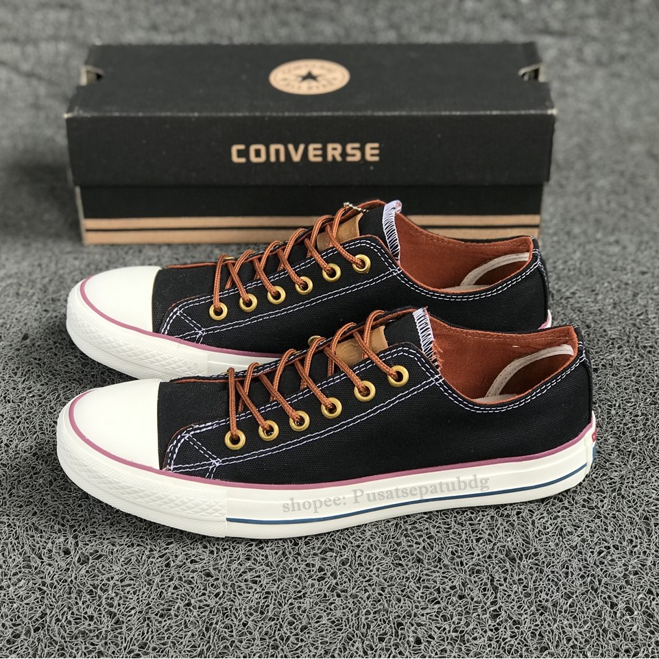 (BAYAR DITEMPAT) Converse Premium Tali Tan Low Black White