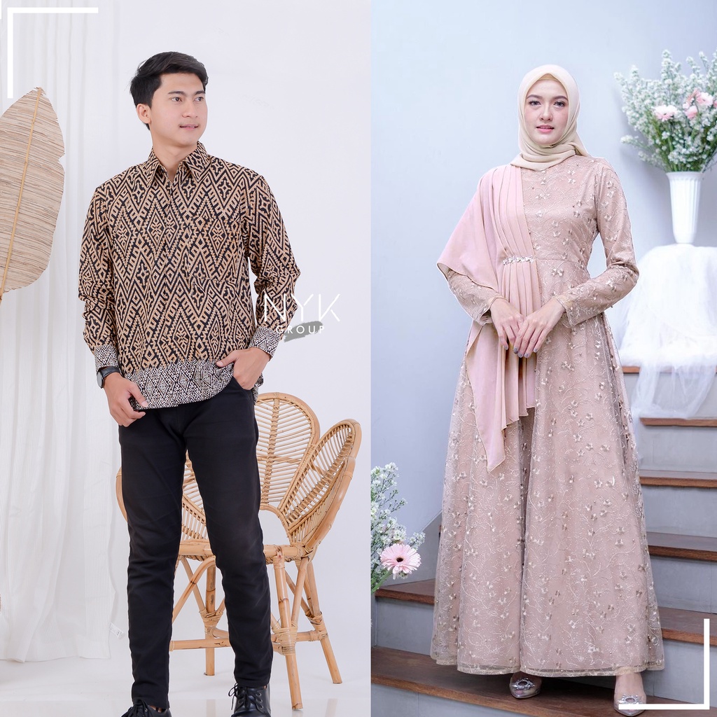 COUPLE DRESS MUSLIMAH GAMIS SYAR'I MODERN Gamis brokat Tille Roberto cavalli/Couple Gamis SYAKILA