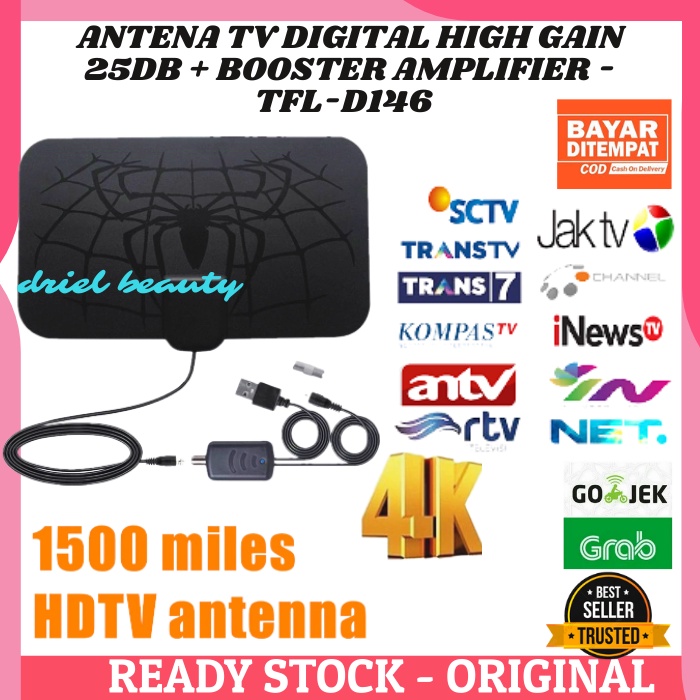 Antena TV Digital Terbaik DVB-T2 High Gain 25dB + Signal Booster Amplifier - TFL-D146, Kabel 4 meter