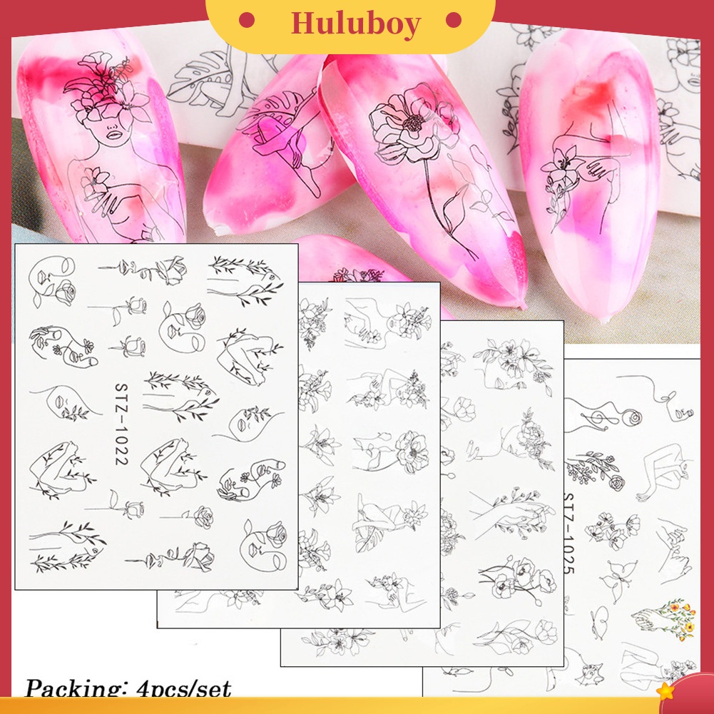 Huluboy Huluboy♡ 16 Lembar Stiker Kuku Motif Garis / Wajah Untuk Dekorasi Manicure