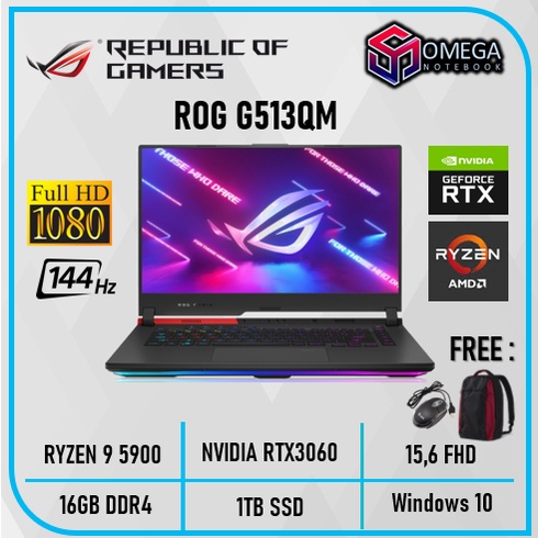 ASUS ROG STRIX G513QM Ryzen 9 5900 16GB 1TBSSD RTX3060 6GB W10 15.6&quot;FHD IPS 144Hz