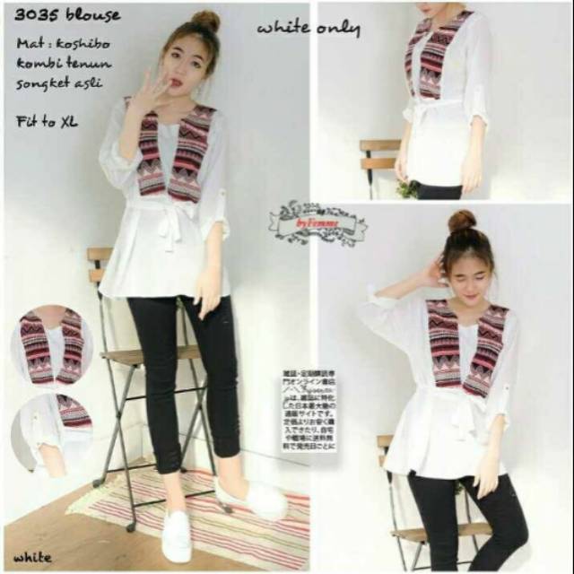 Tunik putih bahan kashibo kombinasi tenun