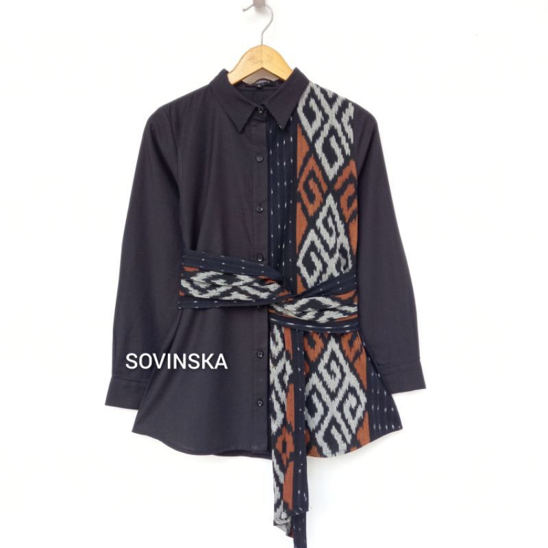 Atasan Tenun WP 228 Hitam titik 2 Kemeja Wanita Hem Batik Baju Kerja Lengan Panjang by Sovinska