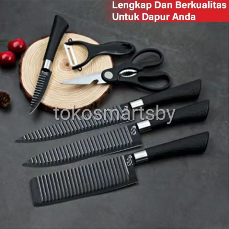 Pisau Dapur Hitam / Warna Warni 1 set isi 6 pcs  Anti Karat