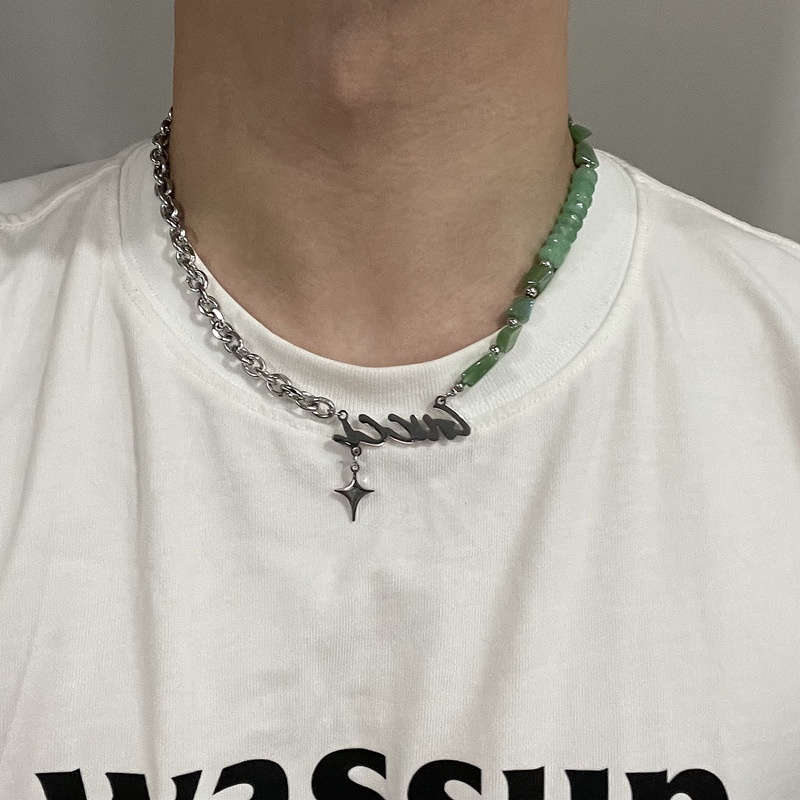 Kalung Rantai Bahan titanium steel Desain Batu Giok Mosaik Gaya hip hop Untuk Pria Dan Wanita