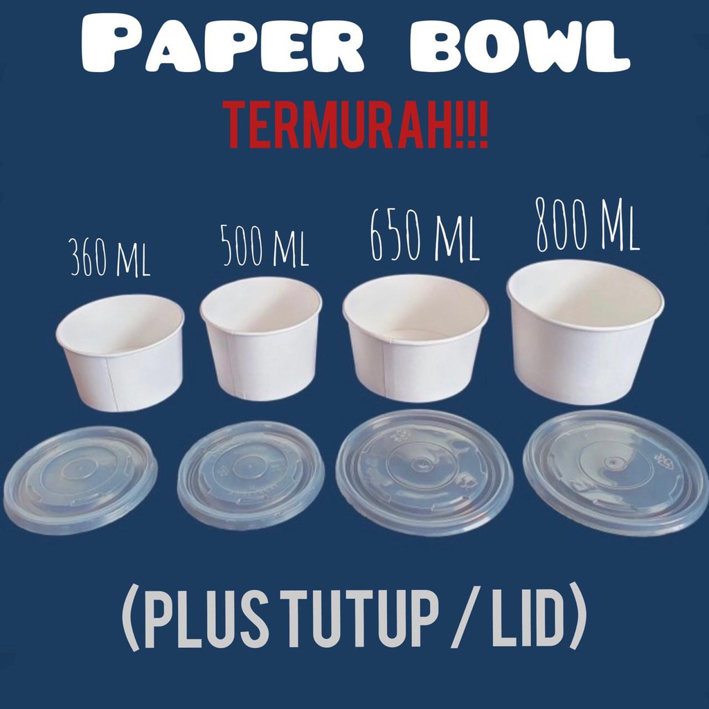 Paper Bowl 360ml / 500 / 650 / 800 / Rice Bowl 800ml / 650 / 500 / 360 / Mangkok Kertas + LID (ISI 25 Pcs)