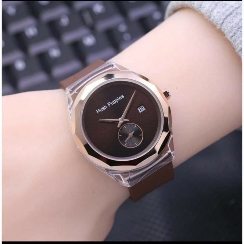 (Grosir)Jam Tangan Wanita Hushpuppies Bulat Detik Bawah Variasi Strap Rubber(Terima Cod)